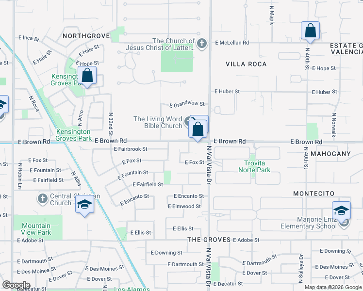 map of restaurants, bars, coffee shops, grocery stores, and more near 3400 East Fairbrook Street in Mesa