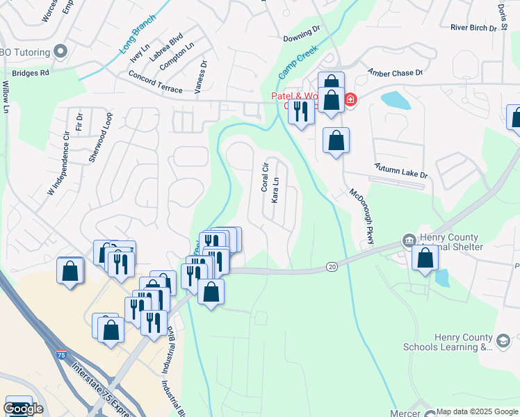 map of restaurants, bars, coffee shops, grocery stores, and more near 241 Coral Circle in McDonough