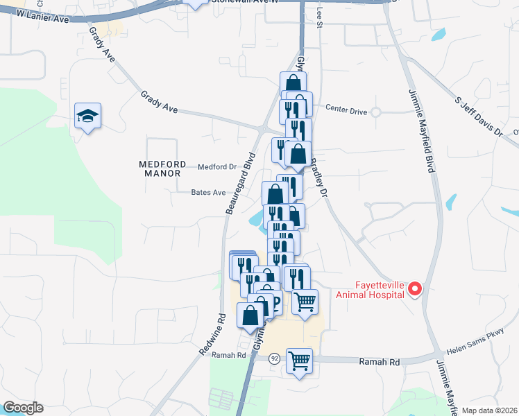 map of restaurants, bars, coffee shops, grocery stores, and more near 300 Stayman Park in Fayetteville