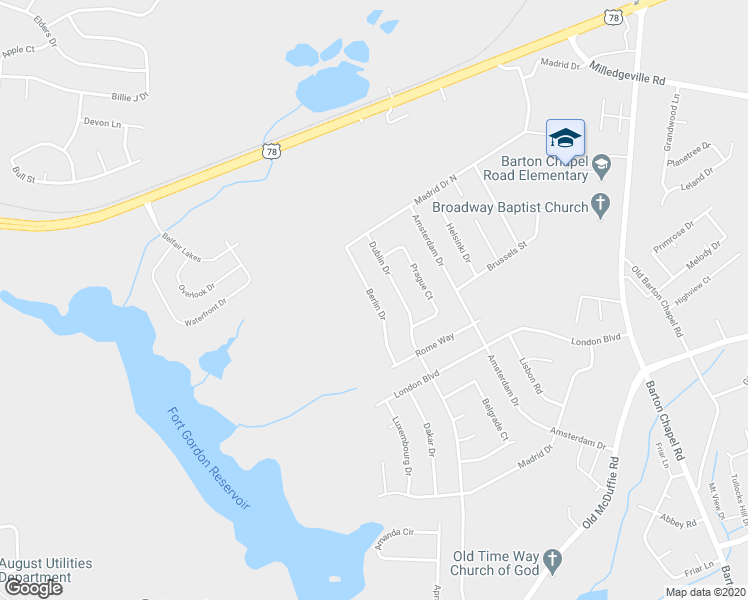 map of restaurants, bars, coffee shops, grocery stores, and more near Berlin Drive in Augusta