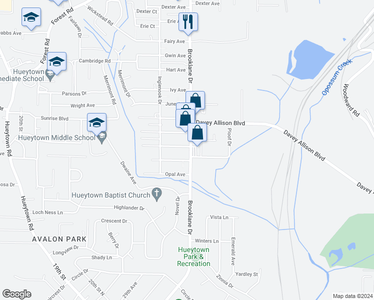 map of restaurants, bars, coffee shops, grocery stores, and more near 1004 Brooklane Drive in Hueytown