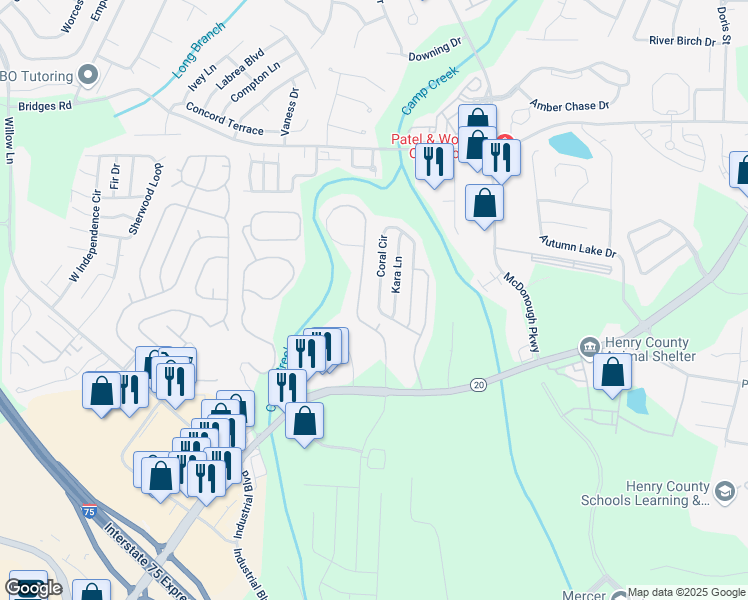 map of restaurants, bars, coffee shops, grocery stores, and more near 241 Coral Circle in McDonough