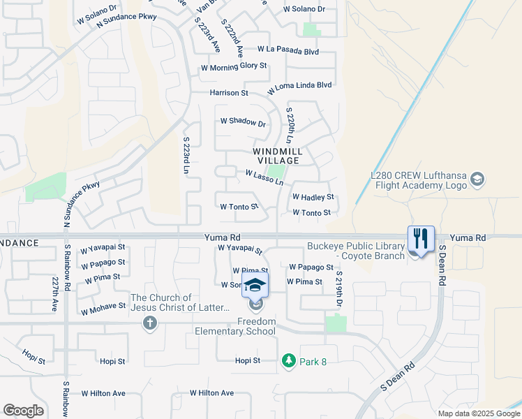 map of restaurants, bars, coffee shops, grocery stores, and more near 22157 West Tonto Street in Buckeye
