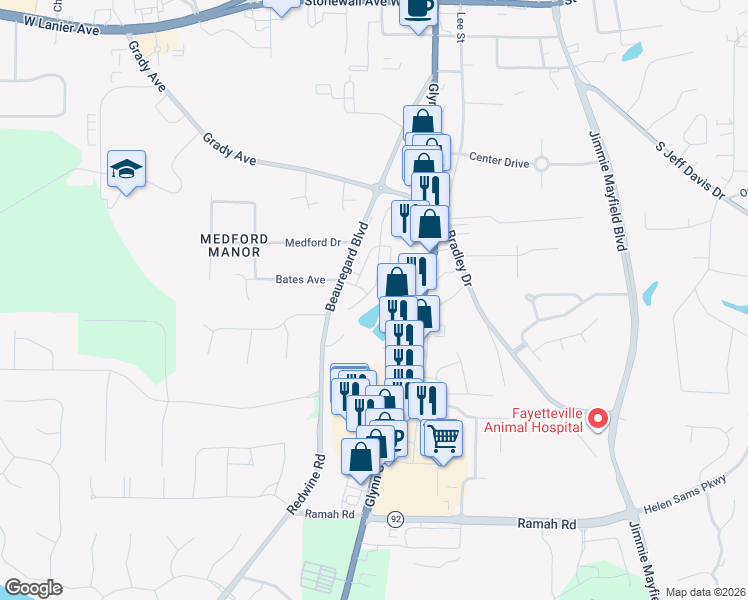 map of restaurants, bars, coffee shops, grocery stores, and more near 300 Stayman Park in Fayetteville