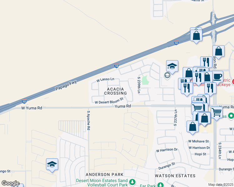 map of restaurants, bars, coffee shops, grocery stores, and more near 24112 West Desert Bloom Street in Buckeye