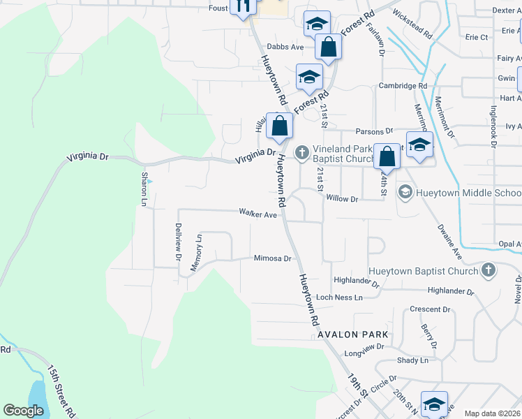 map of restaurants, bars, coffee shops, grocery stores, and more near 101 Walker Avenue in Hueytown