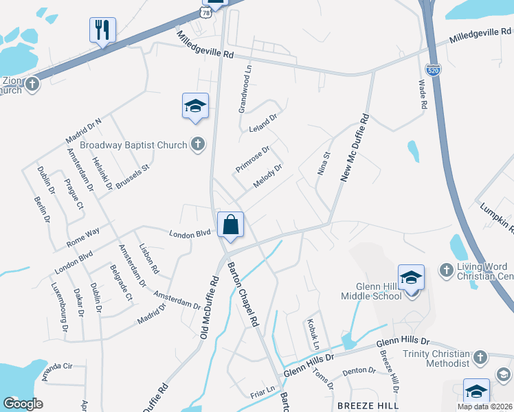 map of restaurants, bars, coffee shops, grocery stores, and more near 2326 Old Barton Chapel Road in Augusta