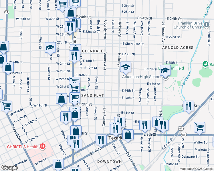 map of restaurants, bars, coffee shops, grocery stores, and more near 1418 County Avenue in Texarkana