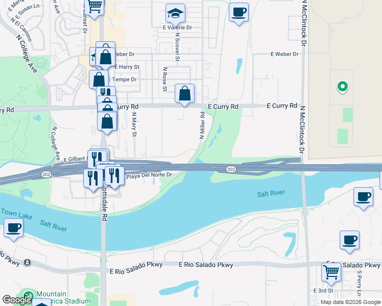 map of restaurants, bars, coffee shops, grocery stores, and more near 1545 East Gilbert Drive in Tempe