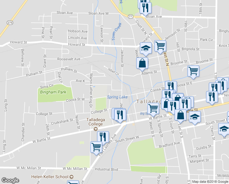 map of restaurants, bars, coffee shops, grocery stores, and more near 510 Lokey Street in Talladega
