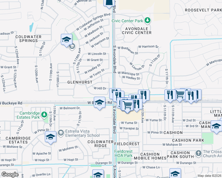 map of restaurants, bars, coffee shops, grocery stores, and more near 1113 South 115th Drive in Avondale