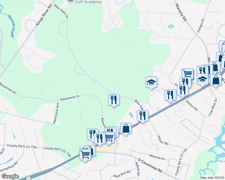 map of restaurants, bars, coffee shops, grocery stores, and more near 396 Blue Stem Drive in Pawleys Island