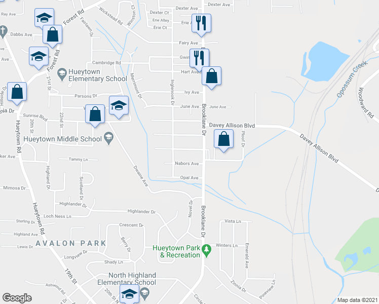map of restaurants, bars, coffee shops, grocery stores, and more near 112 Meadowood Avenue in Hueytown