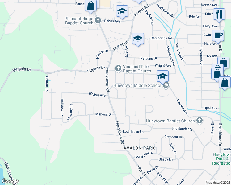 map of restaurants, bars, coffee shops, grocery stores, and more near 1248 Hueytown Road in Hueytown