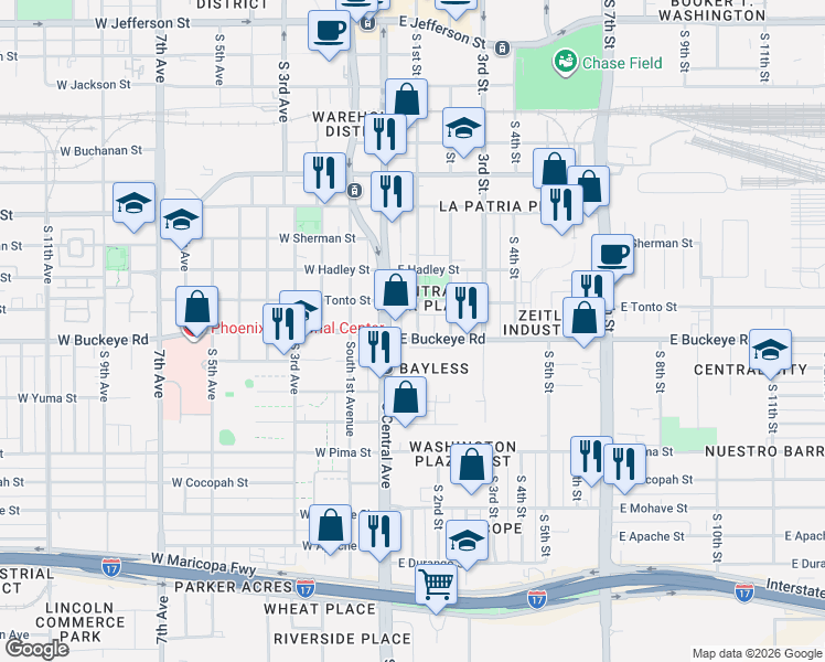 map of restaurants, bars, coffee shops, grocery stores, and more near 1029 South 1st Street in Phoenix