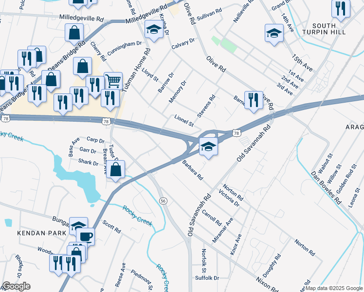 map of restaurants, bars, coffee shops, grocery stores, and more near 2232 U.S. 25 in Augusta
