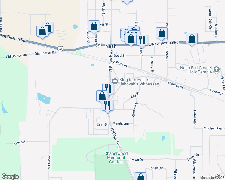 map of restaurants, bars, coffee shops, grocery stores, and more near 531-599 Farm to Market Road 989 in Nash