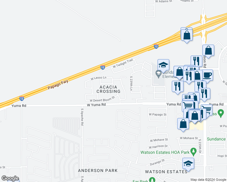 map of restaurants, bars, coffee shops, grocery stores, and more near 24103 West Tonto Street in Buckeye