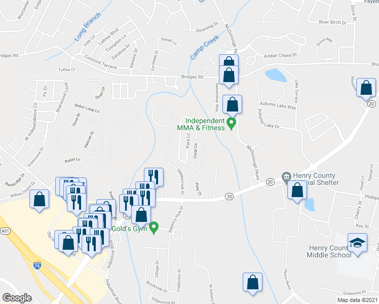 map of restaurants, bars, coffee shops, grocery stores, and more near 414 Kara Lane in McDonough