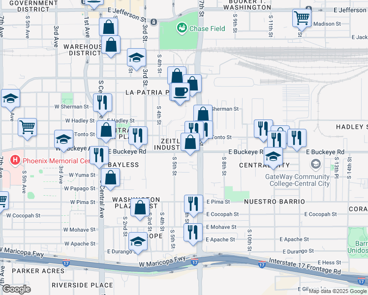 map of restaurants, bars, coffee shops, grocery stores, and more near 517 East Buckeye Road in Phoenix