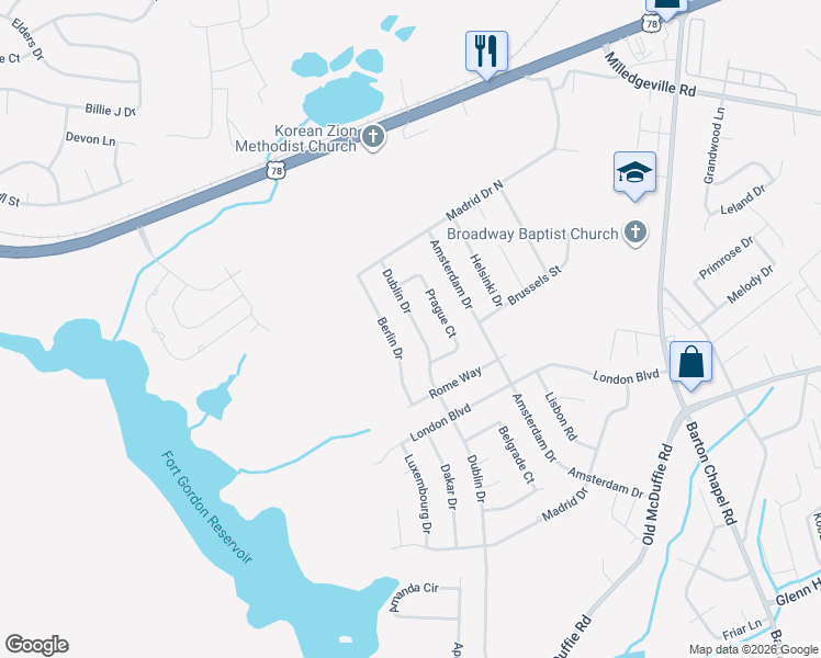 map of restaurants, bars, coffee shops, grocery stores, and more near 2362 Berlin Drive in Augusta