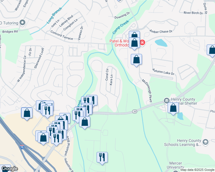 map of restaurants, bars, coffee shops, grocery stores, and more near 244 Coral Circle in McDonough