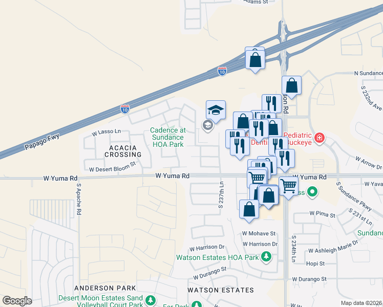 map of restaurants, bars, coffee shops, grocery stores, and more near 23886 West Desert Bloom Street in Buckeye
