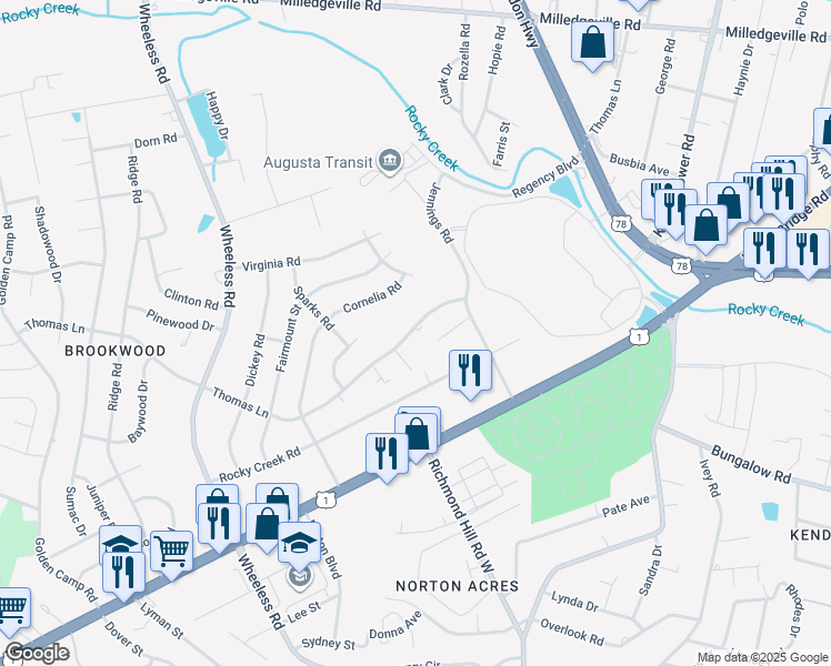 map of restaurants, bars, coffee shops, grocery stores, and more near 2814 Thomas Lane in Augusta