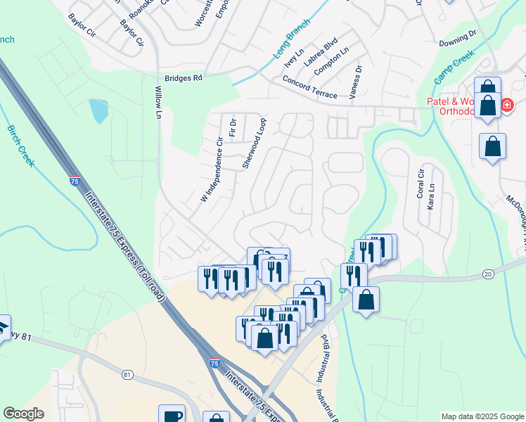 map of restaurants, bars, coffee shops, grocery stores, and more near 353-399 Robin Lane in McDonough
