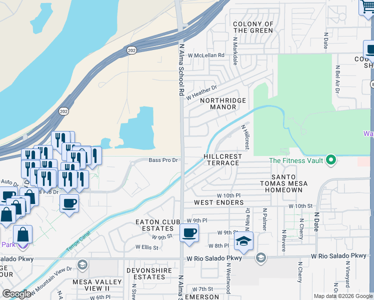 map of restaurants, bars, coffee shops, grocery stores, and more near 1229 North Alma School Road in Mesa