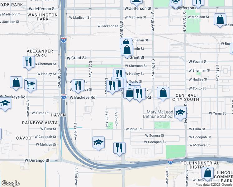 map of restaurants, bars, coffee shops, grocery stores, and more near 1901 West Buckeye Road in Phoenix