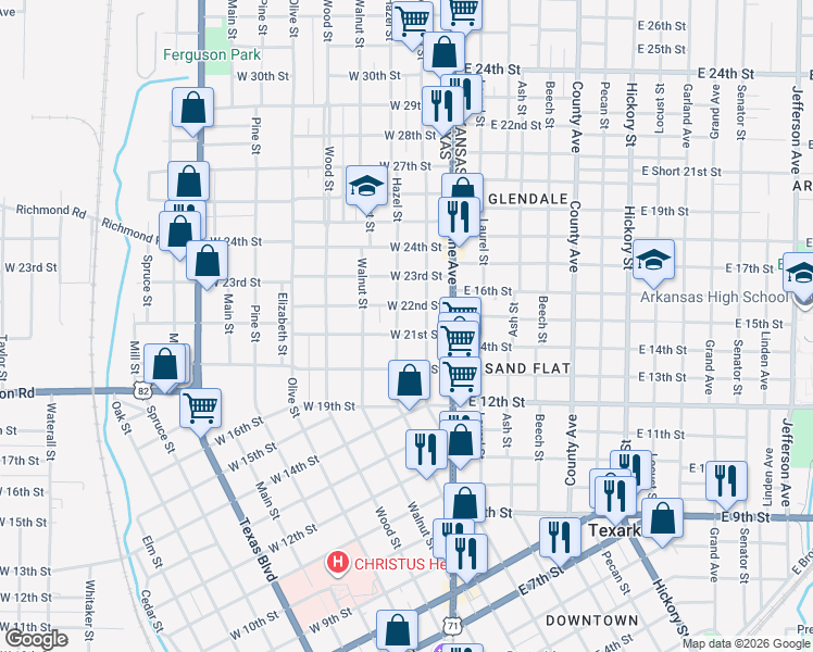 map of restaurants, bars, coffee shops, grocery stores, and more near 2017 Hazel Street in Texarkana