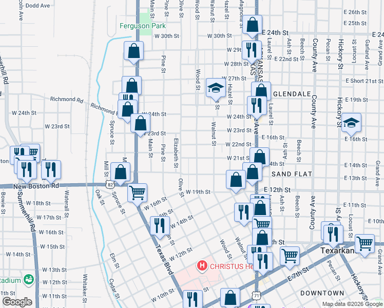 map of restaurants, bars, coffee shops, grocery stores, and more near 2019 Wood Street in Texarkana