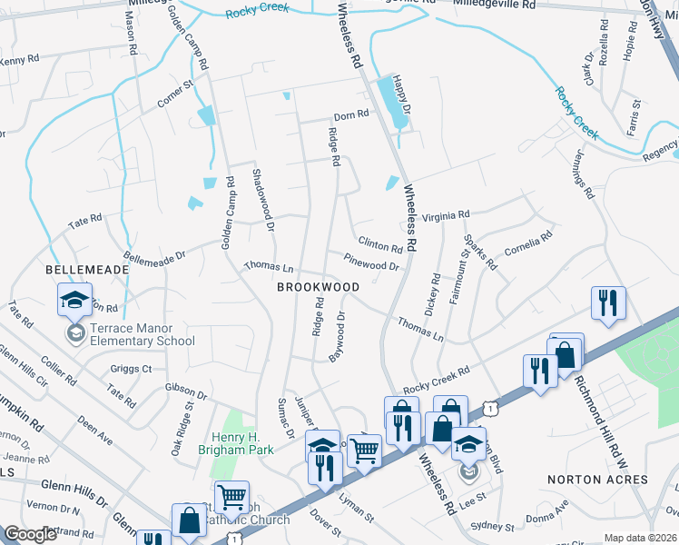map of restaurants, bars, coffee shops, grocery stores, and more near 2404 Ridge Road in Augusta