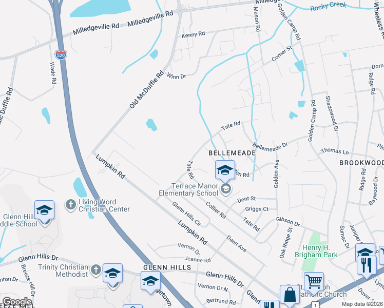 map of restaurants, bars, coffee shops, grocery stores, and more near 3202 Tate Road in Augusta