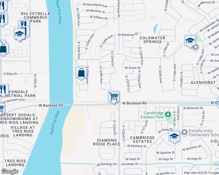 map of restaurants, bars, coffee shops, grocery stores, and more near 725 South 123rd Drive in Avondale