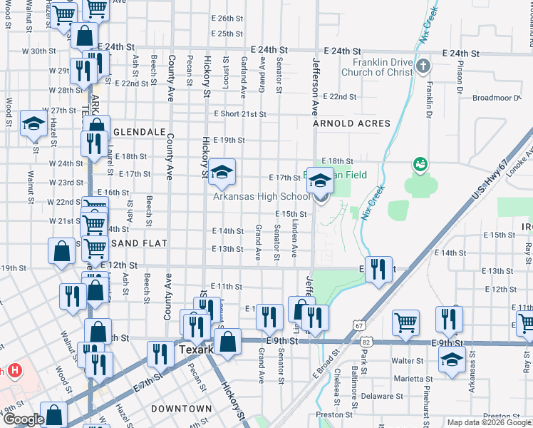 map of restaurants, bars, coffee shops, grocery stores, and more near 1006 East 15th Street in Texarkana