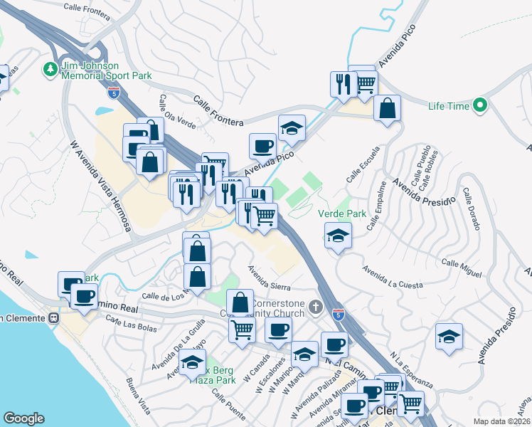 map of restaurants, bars, coffee shops, grocery stores, and more near El Camino Real in San Clemente