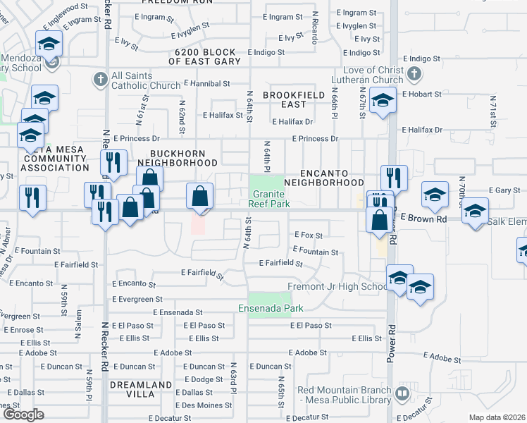 map of restaurants, bars, coffee shops, grocery stores, and more near 6450 East Brown Road in Mesa