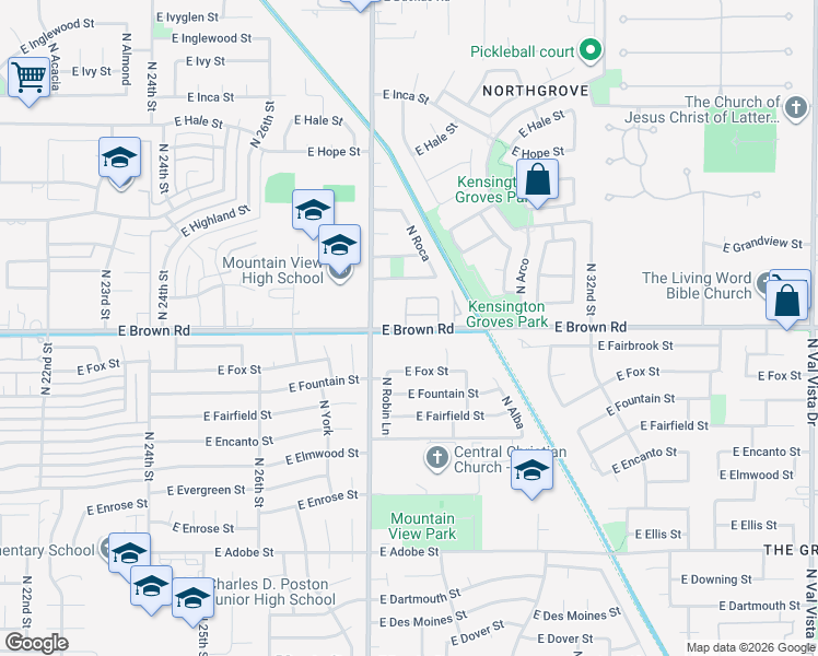 map of restaurants, bars, coffee shops, grocery stores, and more near 2848 East Brown Road in Mesa