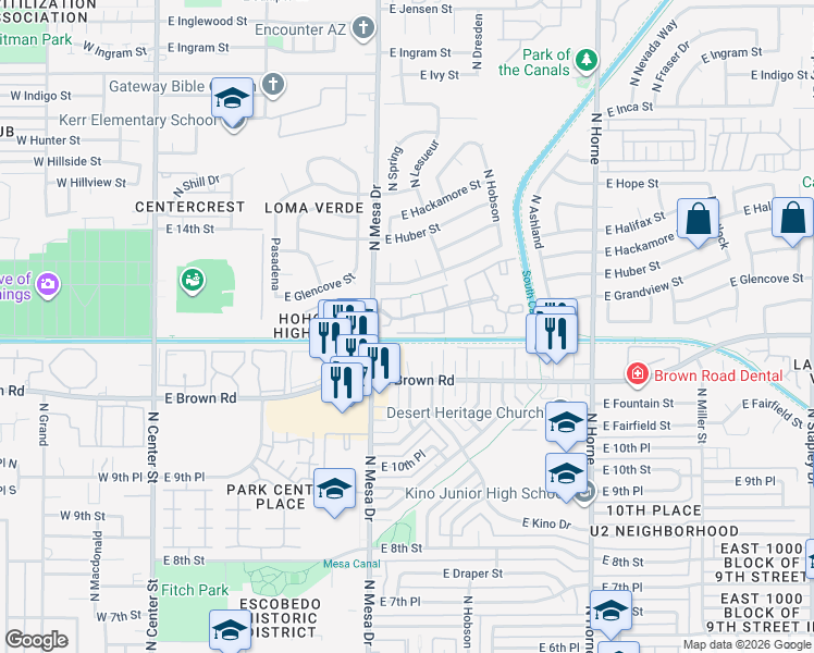map of restaurants, bars, coffee shops, grocery stores, and more near 1233 North Mesa Drive in Mesa