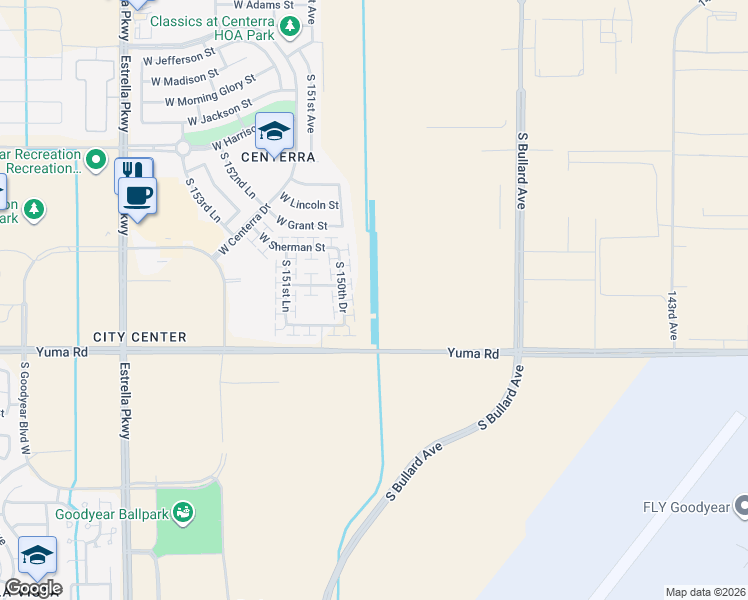 map of restaurants, bars, coffee shops, grocery stores, and more near West Indian School Road in Goodyear