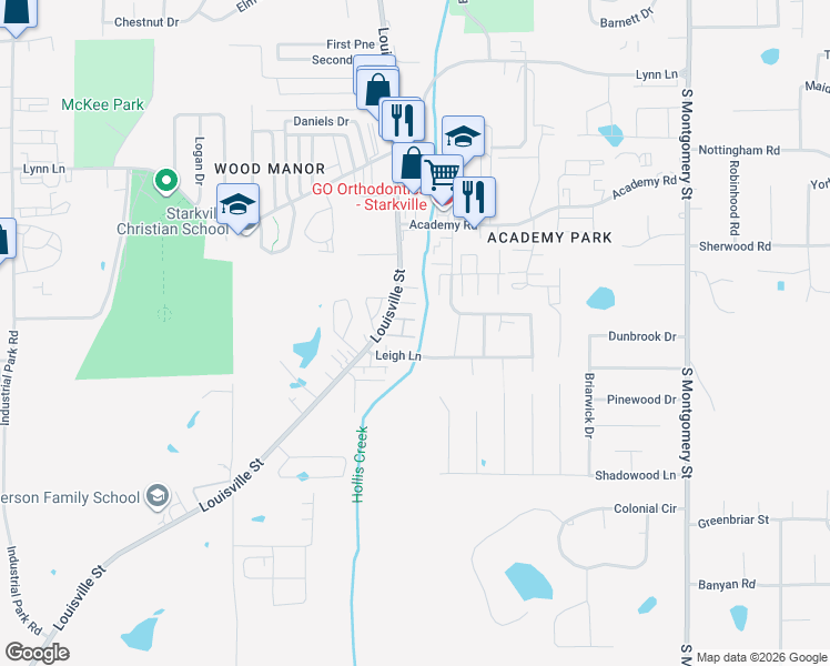 map of restaurants, bars, coffee shops, grocery stores, and more near 1257 Louisville Street in Starkville
