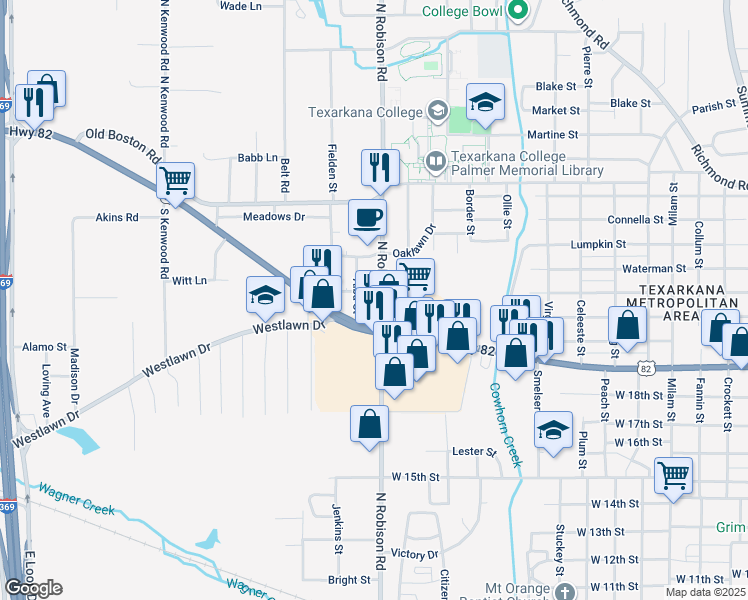 map of restaurants, bars, coffee shops, grocery stores, and more near 2052 North Robison Road in Texarkana
