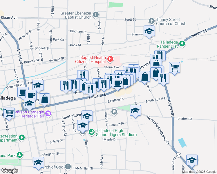 map of restaurants, bars, coffee shops, grocery stores, and more near 604 North Street East in Talladega
