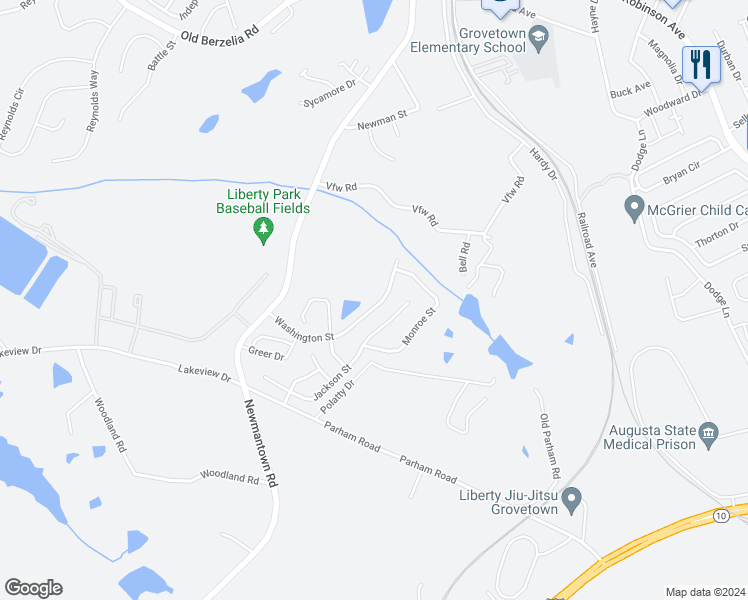 map of restaurants, bars, coffee shops, grocery stores, and more near 347 Washington Street in Grovetown