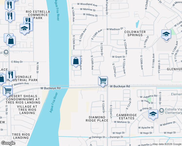 map of restaurants, bars, coffee shops, grocery stores, and more near 12368 West Hadley Street in Avondale