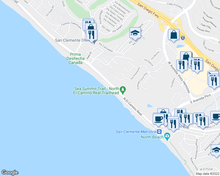 map of restaurants, bars, coffee shops, grocery stores, and more near 239 Camino San Clemente in San Clemente