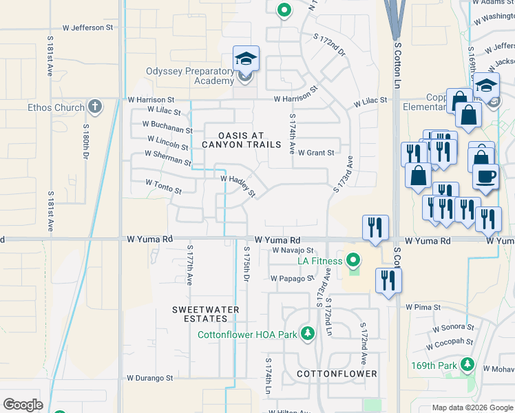 map of restaurants, bars, coffee shops, grocery stores, and more near 17506 West Hadley Street in Goodyear