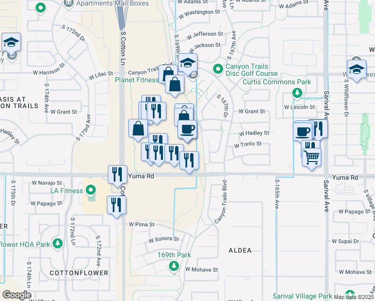 map of restaurants, bars, coffee shops, grocery stores, and more near 995 South Cotton Lane in Goodyear